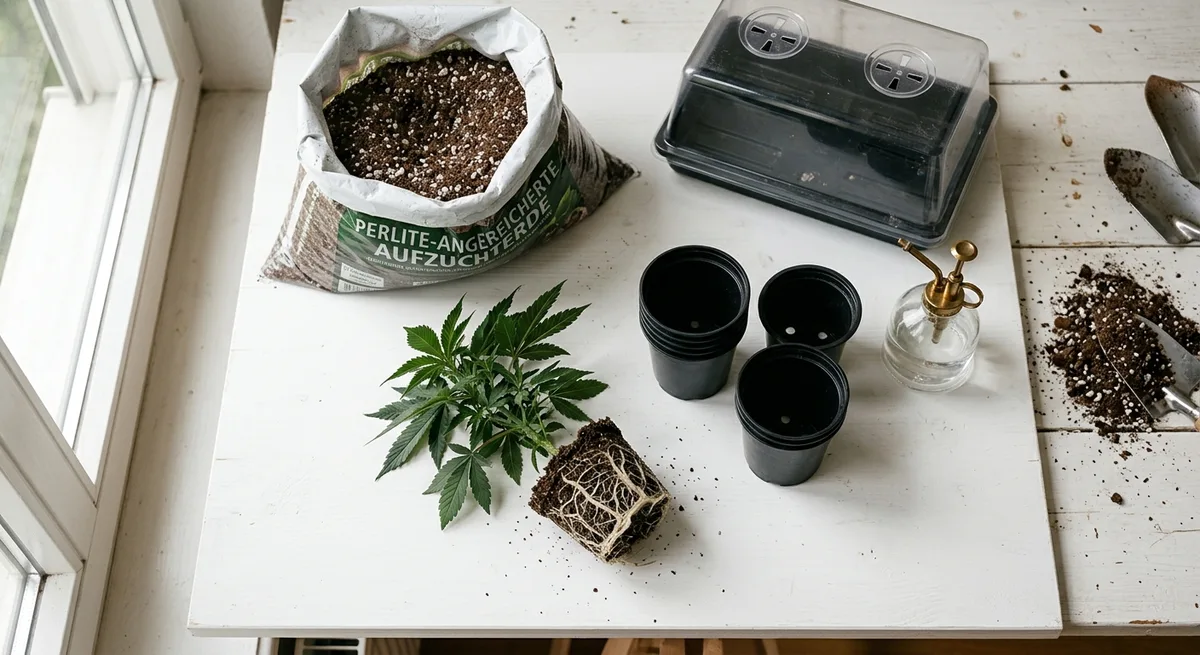 Draufsicht auf Anzuchttopf, Anzuchterde, Sprühflasche, Haube und bewurzelten Steckling auf hellem Untergrund