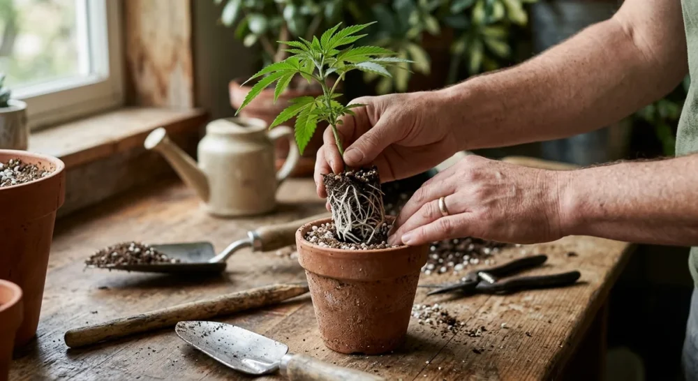 Haende pflanzen bewurzelten Cannabis-Steckling mit weissen Wurzeln in kleinen Topf mit Anzuchterde