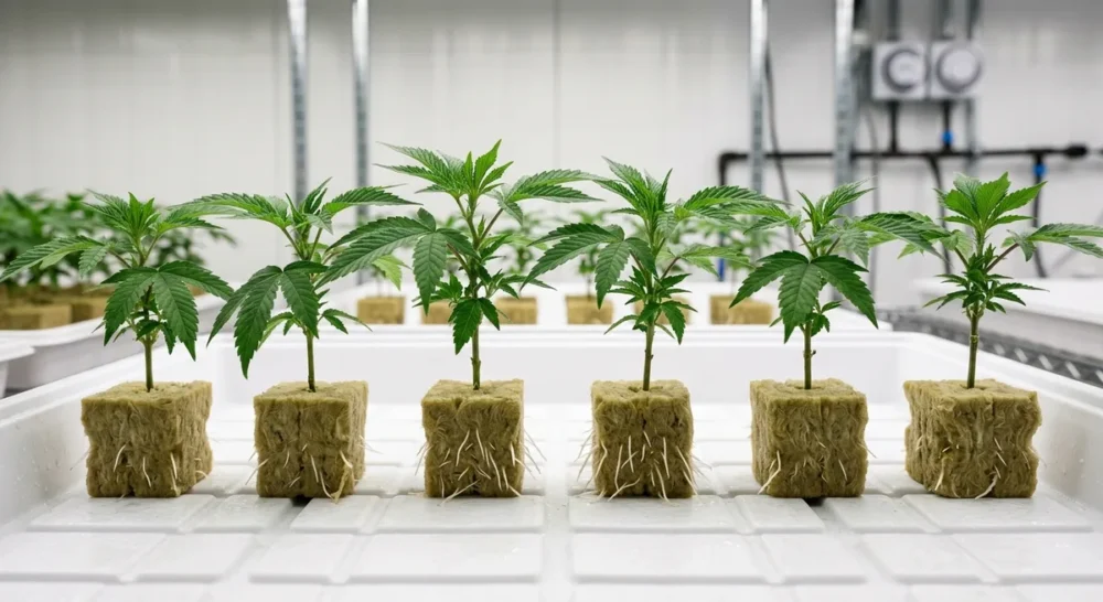 Gesunde Cannabis-Stecklinge in Steinwollwürfeln mit weißen Wurzelspitzen auf einem Anzuchttablett