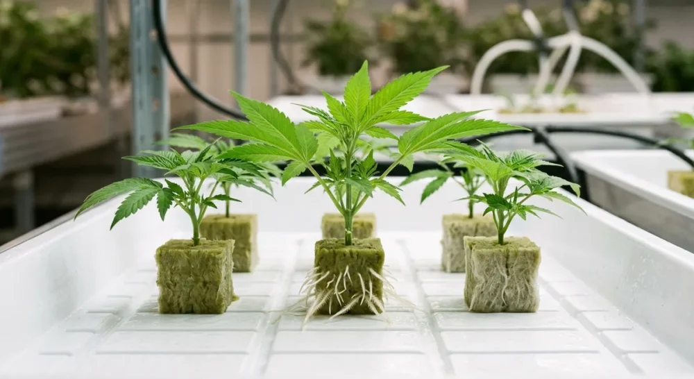 Frische Cannabis-Stecklinge in Steinwolle-Wuerfeln mit sichtbaren weissen Wurzeln auf Anzuchtschale