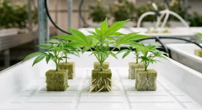 Frische Cannabis-Stecklinge in Steinwolle-Wuerfeln mit sichtbaren weissen Wurzeln auf Anzuchtschale