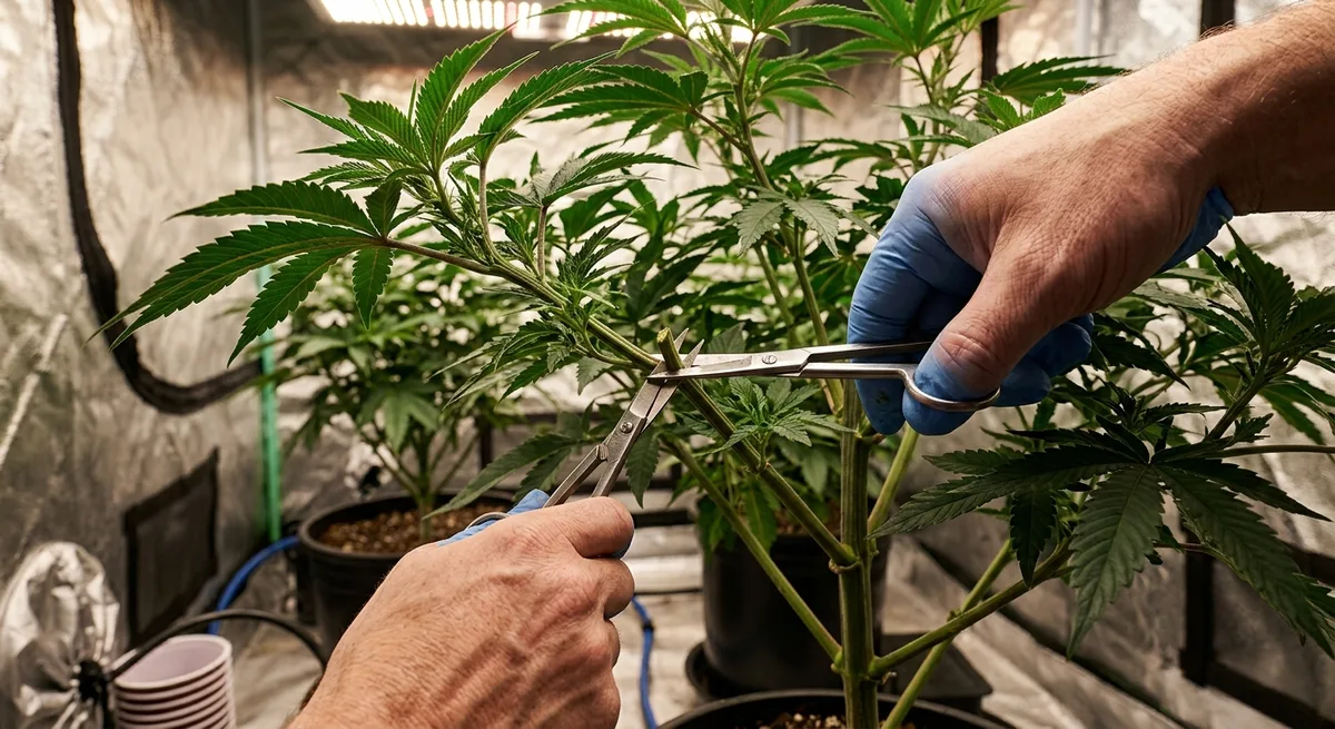 Gaertnerhaende schneiden einen Seitentrieb von einer Cannabis-Mutterpflanze mit Schere im Growzelt