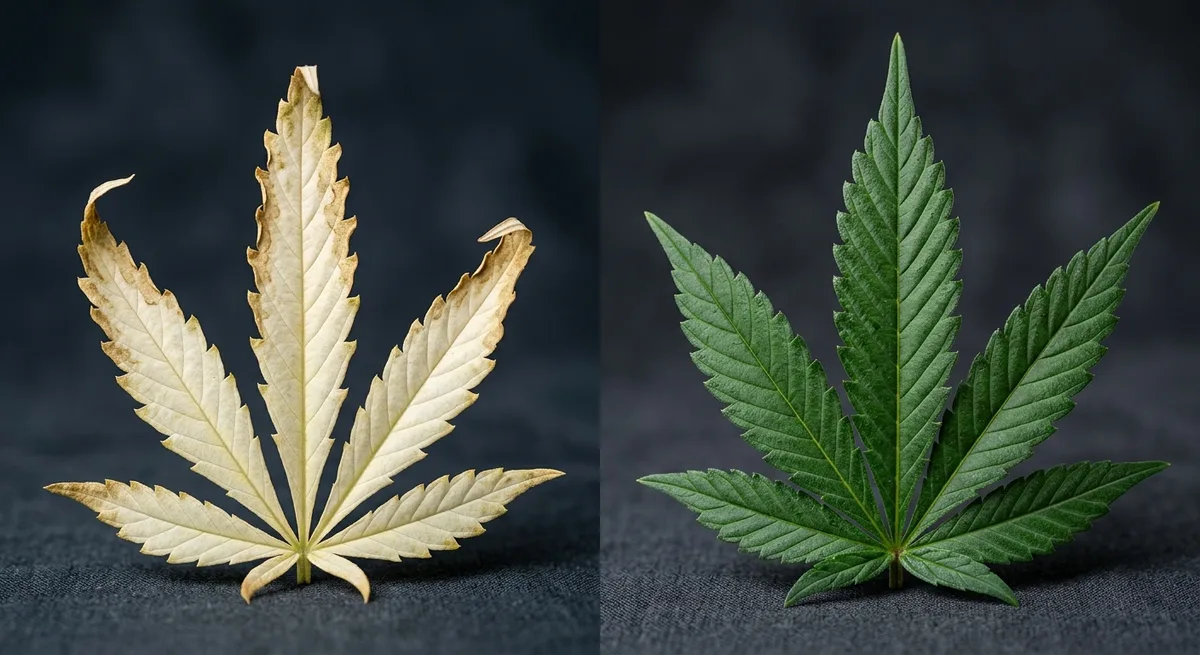 Links: Cannabis-Blatt mit Lichtbrand, ausgebleichten Spitzen und gewölbten Rändern; rechts: gesundes grünes Blatt