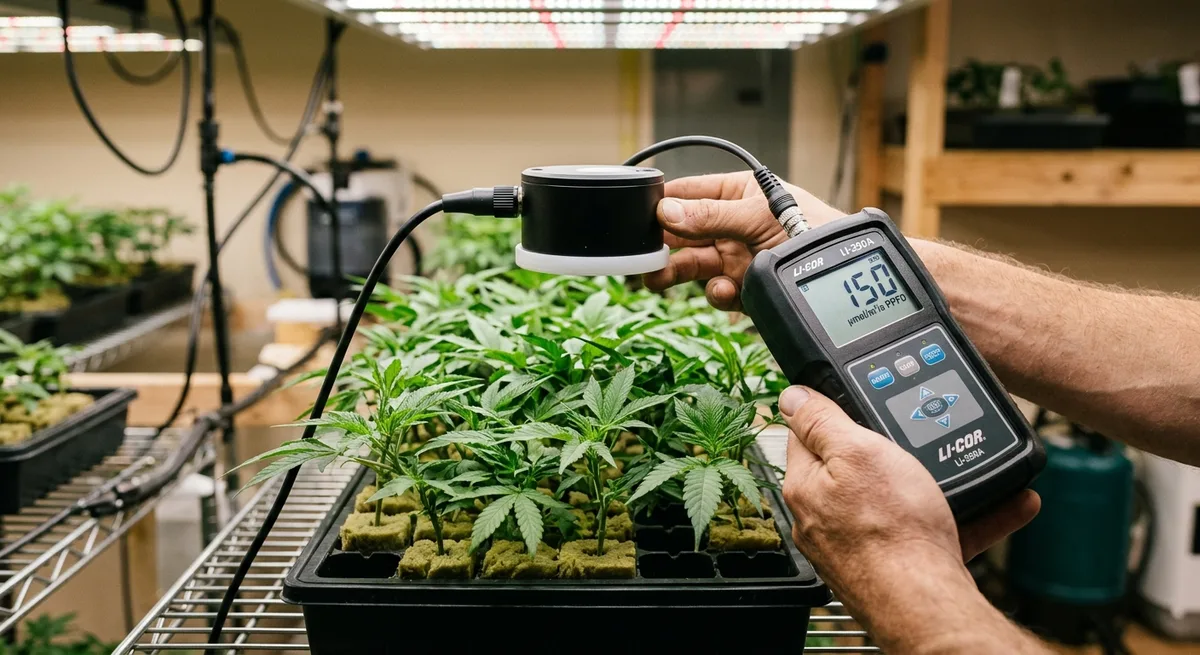 PAR-Messgerät wird über Cannabis-Stecklinge gehalten, Display zeigt PPFD-Wert von ca. 150