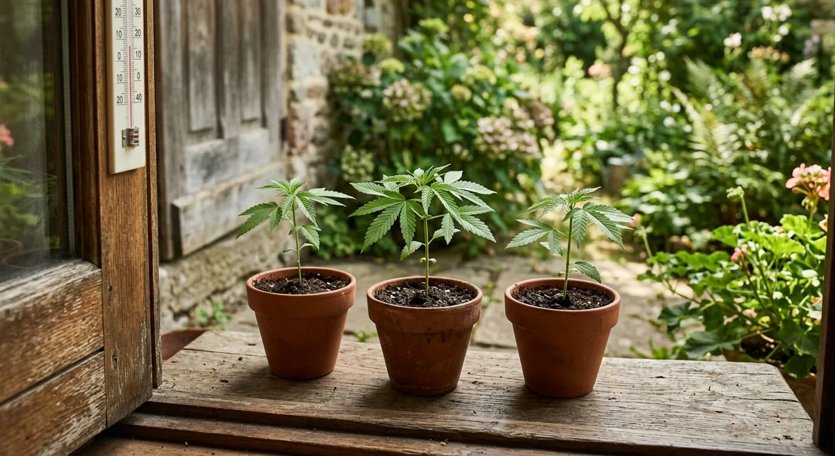 Junge Cannabis Stecklinge in kleinen Töpfen beim Abhärten im Halbschatten vor einer Gartentür im Frühling