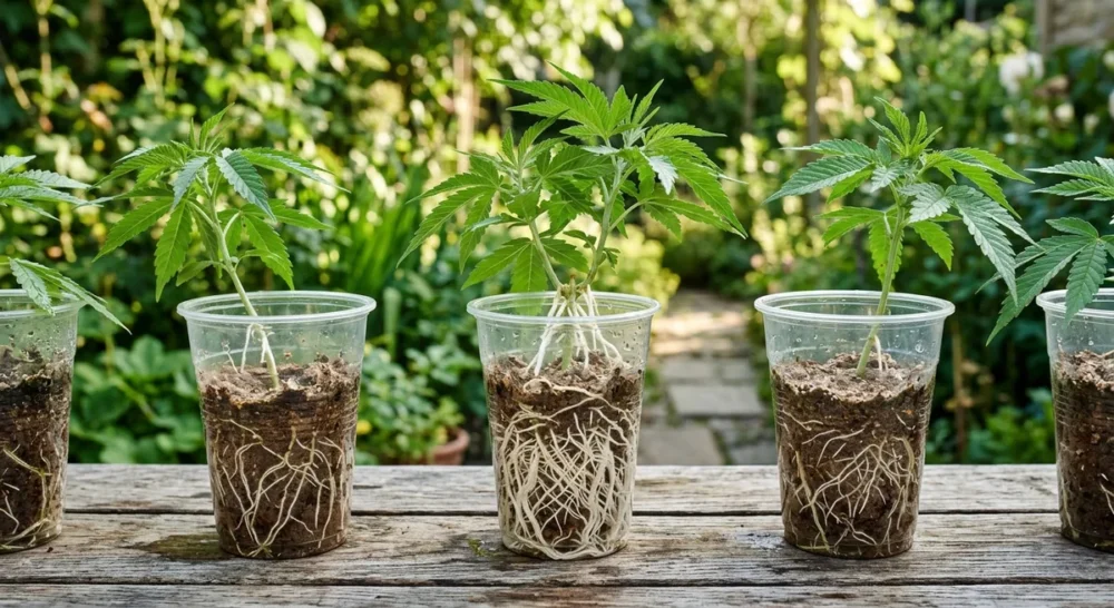Bewurzelte Cannabis Stecklinge in transparenten Töpfen mit sichtbaren weißen Wurzeln im Garten