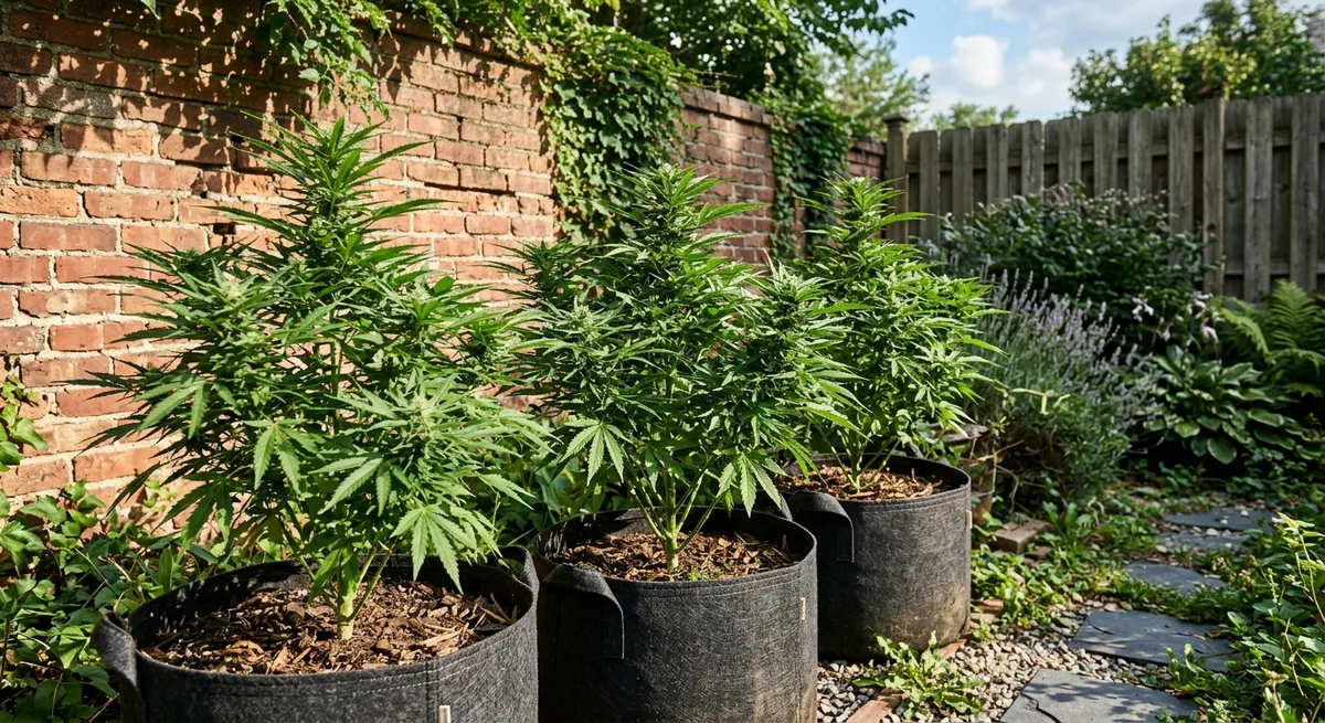 Kräftige Cannabis Pflanzen in Stofftöpfen an einer sonnenbeschienenen Südwand mit Sichtschutz-Zaun