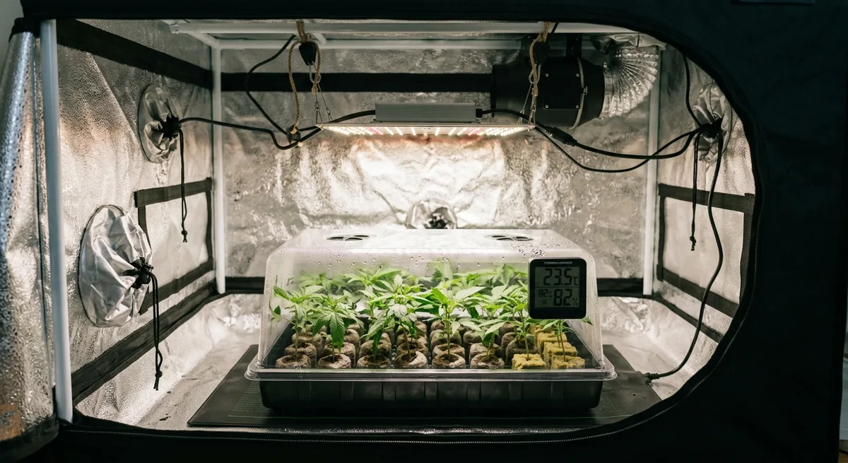 Growzelt-Innenraum mit Heizmatte, Propagator, Thermohygrometer auf Pflanzenhoehe und Abluftventilator