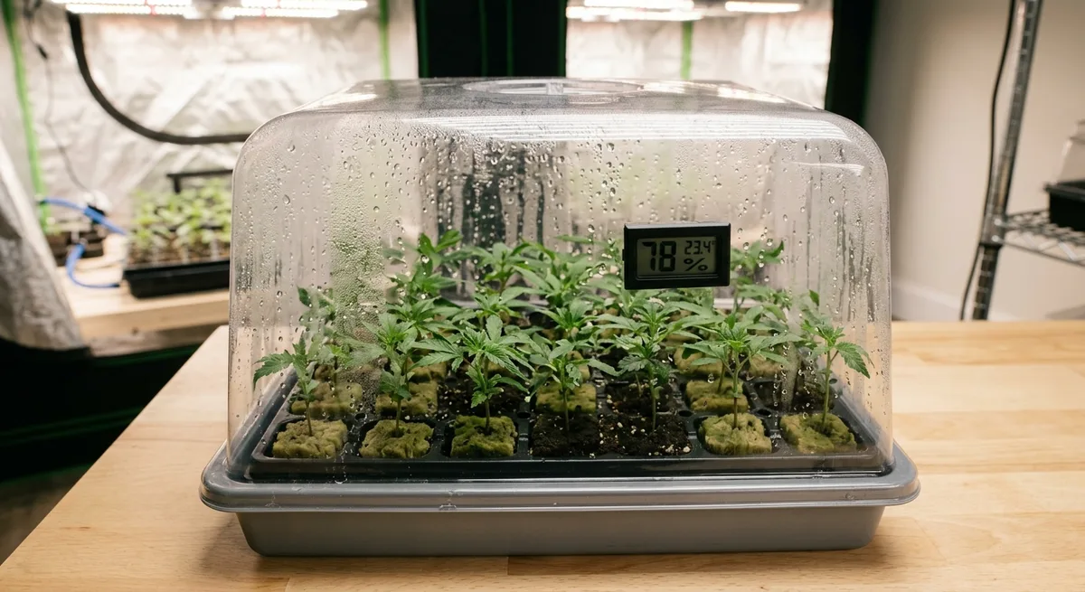 Transparente Propagatorhaube ueber Cannabis-Stecklingen mit Kondenswasser und Hygrometer bei 78 Prozent