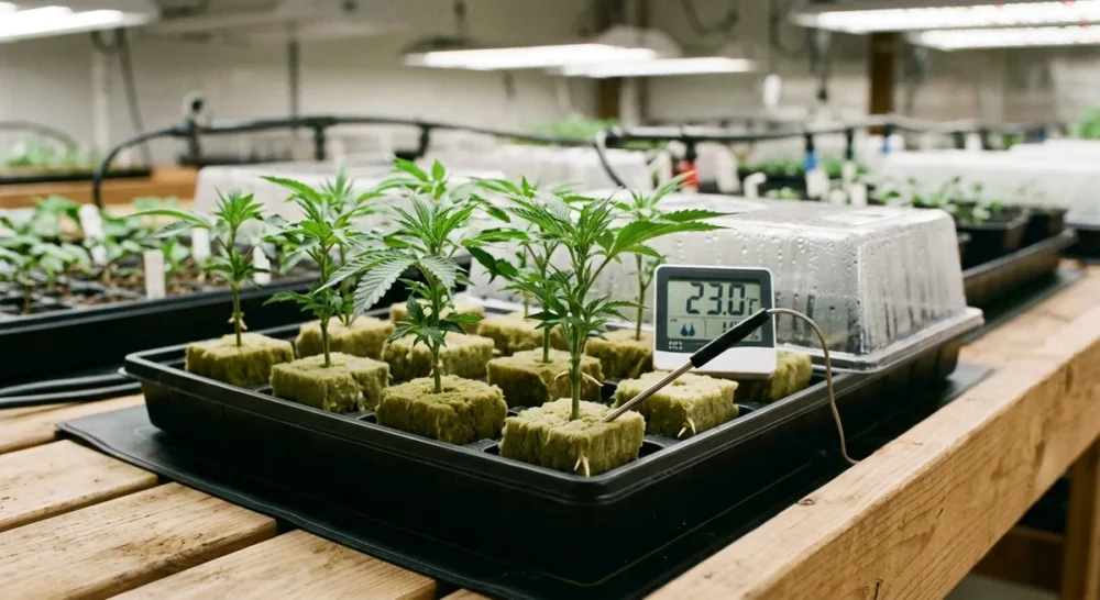 Cannabis-Stecklinge in Steinwollwürfeln auf Heizmatte mit digitalem Thermometer im Substrat
