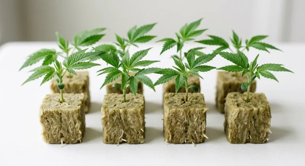 Mehrere frische Cannabis-Stecklinge in Steinwollwürfeln auf weißer Unterlage