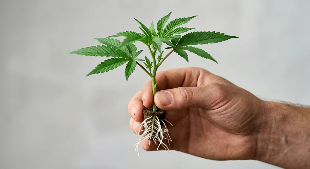 Hand hält bewurzelten Cannabis-Steckling mit weißen Wurzelspitzen und grünen Blättern