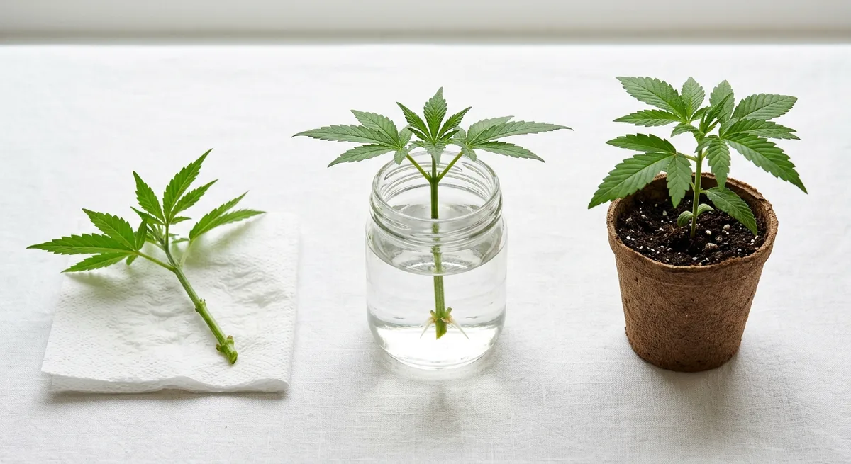 Drei Phasen eines Cannabis-Stecklings: unbewurzelt, erste Wurzeln im Wasser, eingetopft
