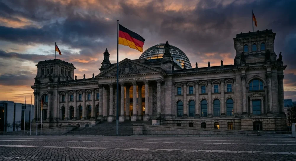 Bundestag-Gebäude in Berlin bei Abenddämmerung mit deutschlandfahne