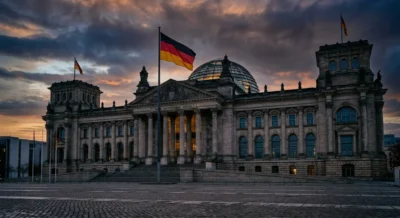 Bundestag-Gebäude in Berlin bei Abenddämmerung mit deutschlandfahne