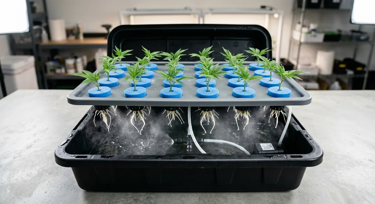 Aeroponik-Cloner von oben mit Cannabis-Stecklingen in Neoprene-Einsaetzen und sichtbaren weissen Wurzelansaetzen
