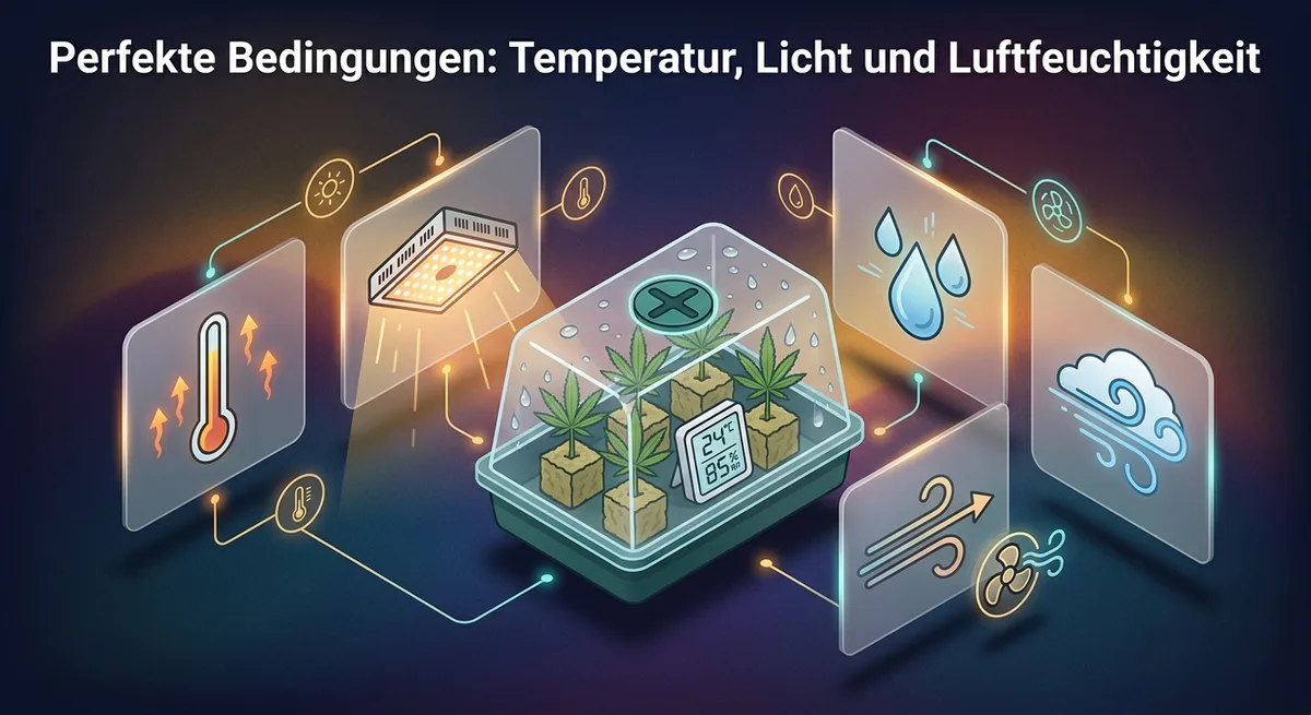 Humidity Dome mit Cannabis-Stecklingen und Hygrometer, das 24 Grad und 85 Prozent Luftfeuchtigkeit anzeigt