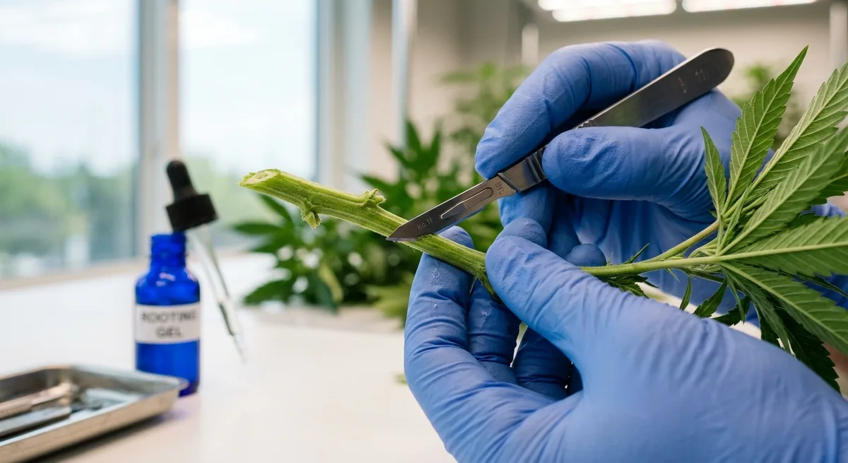 Hand mit Skalpell schneidet Cannabis-Trieb im 45-Grad-Winkel knapp unterhalb eines Blattknotens