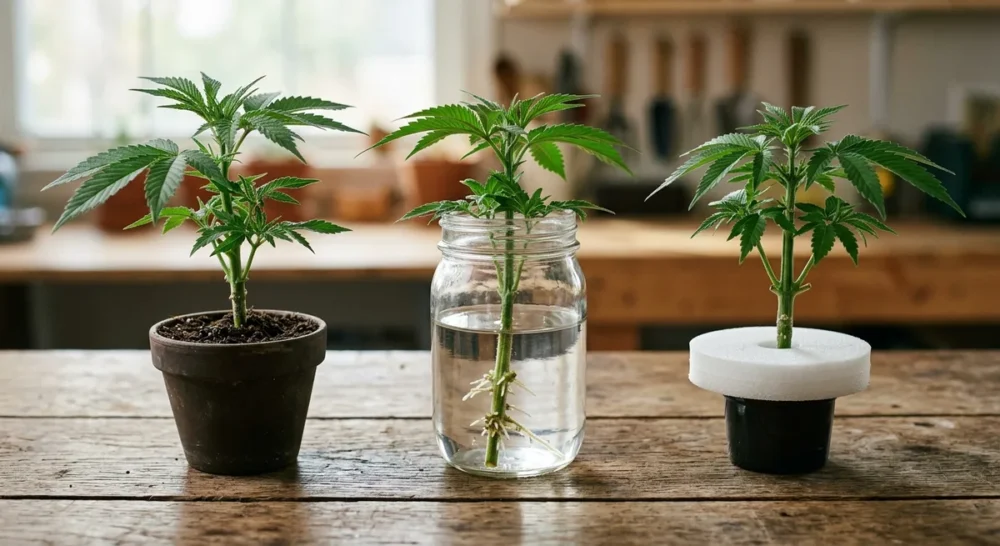 Drei Cannabis-Stecklinge nebeneinander: in Erde, im Wasserglas und im Cloner-Einsatz