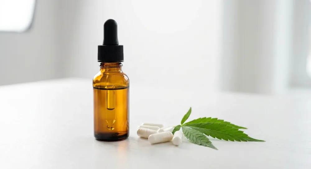 Kleine Braunglasflasche mit öliger Tropfenlösung und weißen Kapseln auf weißem Hintergrund