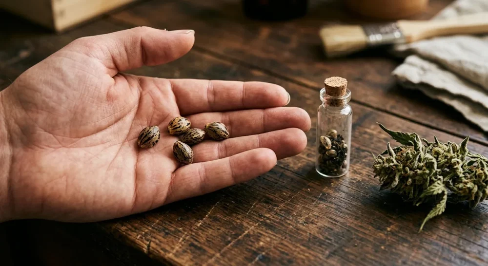 Hand hält mehrere reife, gestreifte Cannabis-Samen über einer Holzfläche neben einem Glasröhrchen