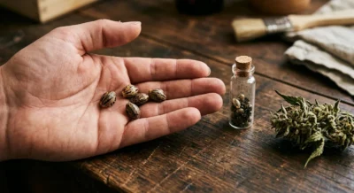 Hand hält mehrere reife, gestreifte Cannabis-Samen über einer Holzfläche neben einem Glasröhrchen