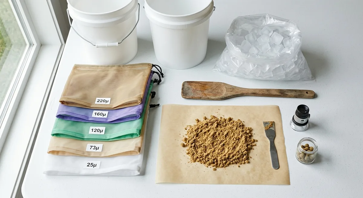 Bubble-Bag-Set, Eimer, Eiswürfel und goldenes Hash-Pulver auf Backpapier als Extraktion-Equipment