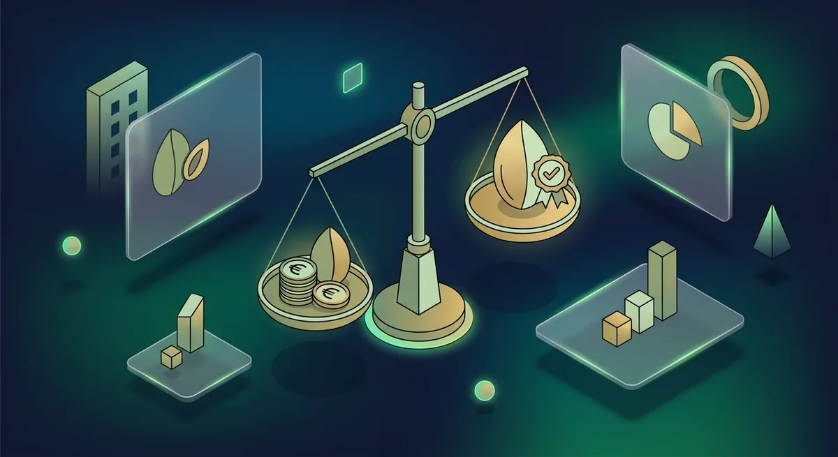 Illustration einer Waage mit Budget-Münzen links und Premium-Samen mit Qualitätsbadge rechts