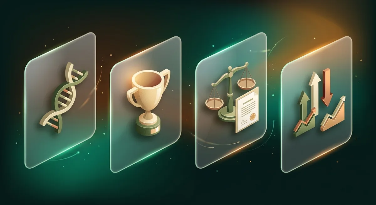 Illustration mit vier Symbolen für Preisfaktoren bei Cannabis-Samen: Genetik, Marke, Recht und Angebot