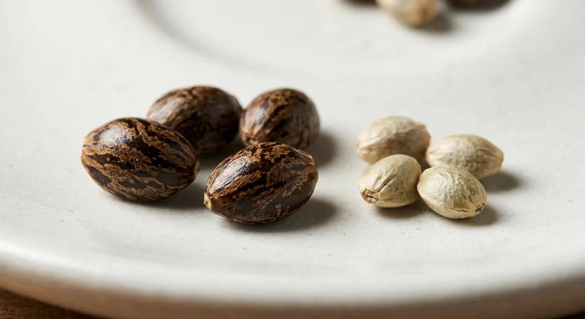 Makroaufnahme reifer dunkelbrauner Cannabis-Samen mit Maserung neben blassen, unreifen hellen Samen