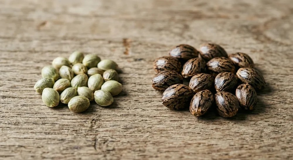 Zwei Gruppen Cannabis-Samen nebeneinander: links hellere Budget-Samen, rechts dunkle Premium-Samen mit Maserung