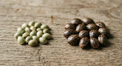 Zwei Gruppen Cannabis-Samen nebeneinander: links hellere Budget-Samen, rechts dunkle Premium-Samen mit Maserung