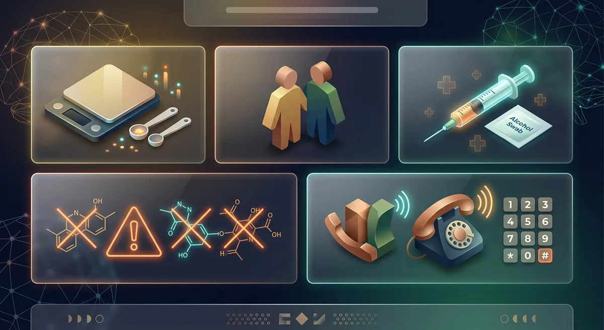 Infografik mit Icons zu Safer-Use-Prinzipien: Dosierung, sterile Utensilien, nicht alleine konsumieren