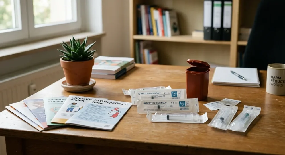 Sterile Konsumutensilien und Aufklärungsbroschüren auf einem Beratungstisch in einer Drogenhilfeeinrichtung