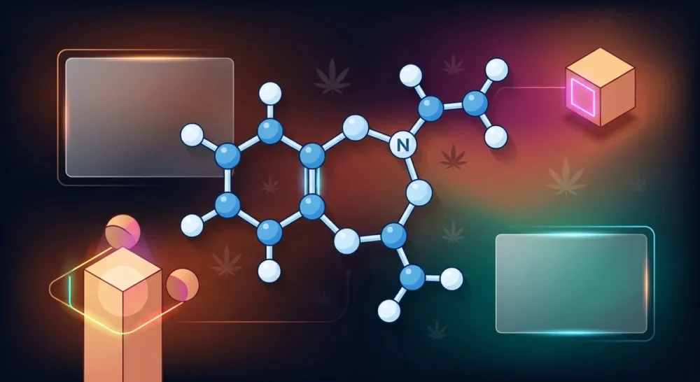 3D-Illustration einer Cannabinoid-Molekülstruktur mit siebengliedrigem Zepin-Ring auf dunklem Hintergrund