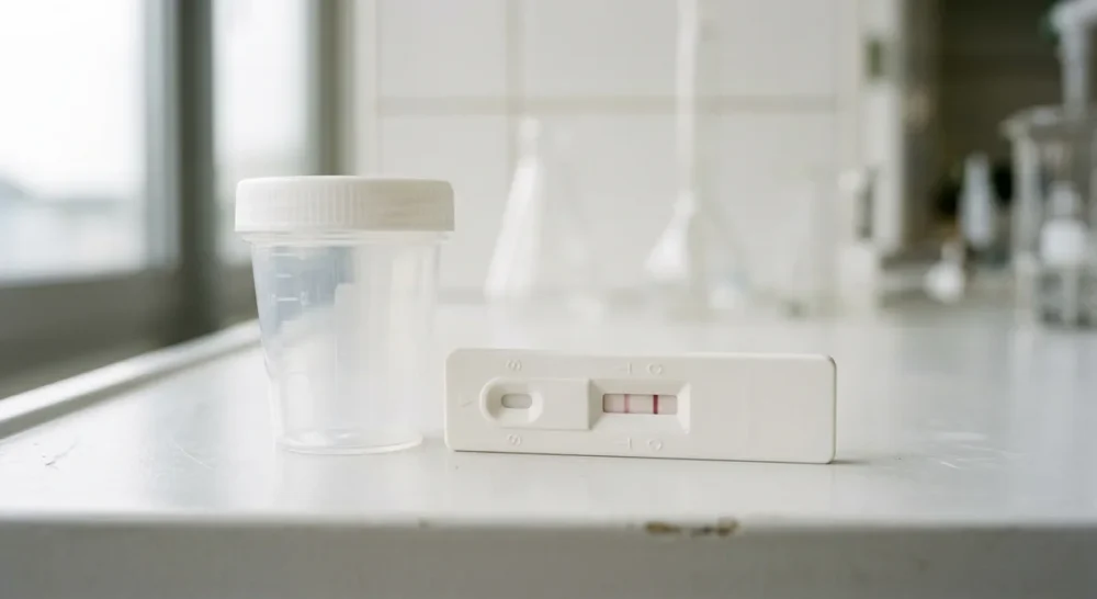 Drogentest-Kit mit Teststreifen und Probenbehälter auf weißer Laborfläche