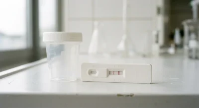 Drogentest-Kit mit Teststreifen und Probenbehälter auf weißer Laborfläche