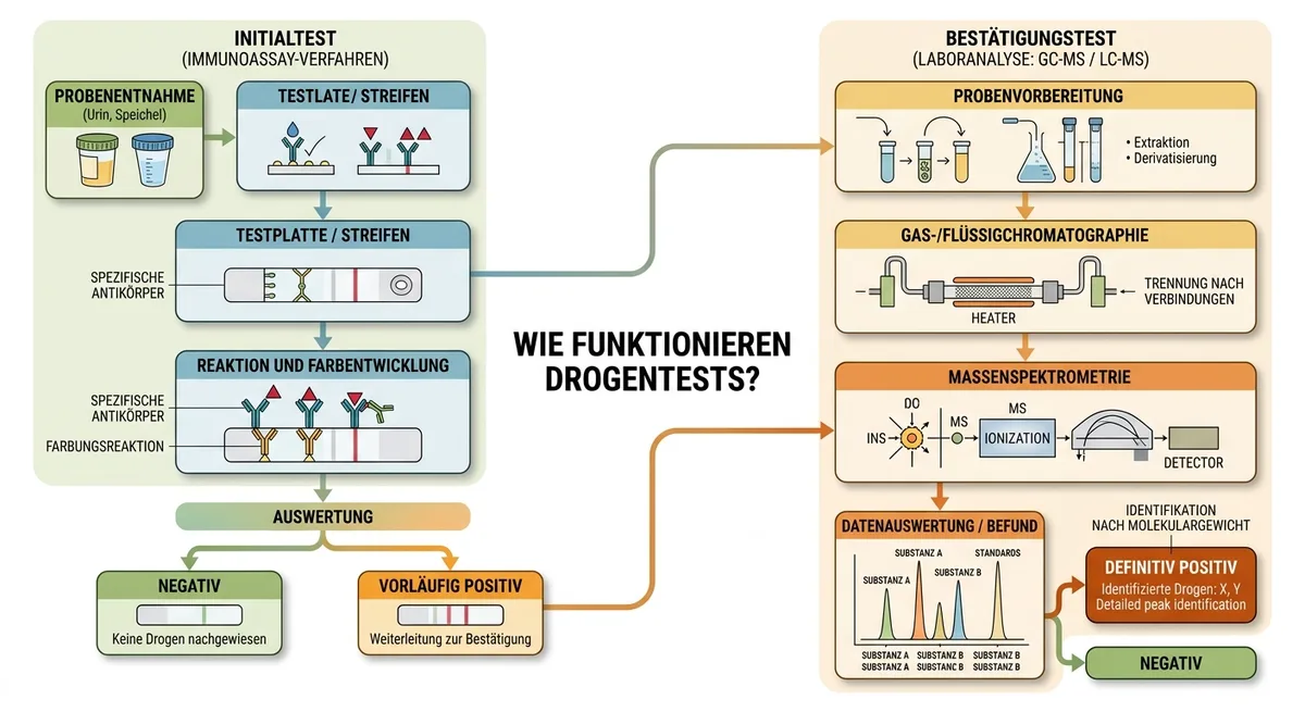 Zweistufiger Drogentest: Immunoassay-Teststreifen und chromatografisches Trennverfahren als Diagramm
