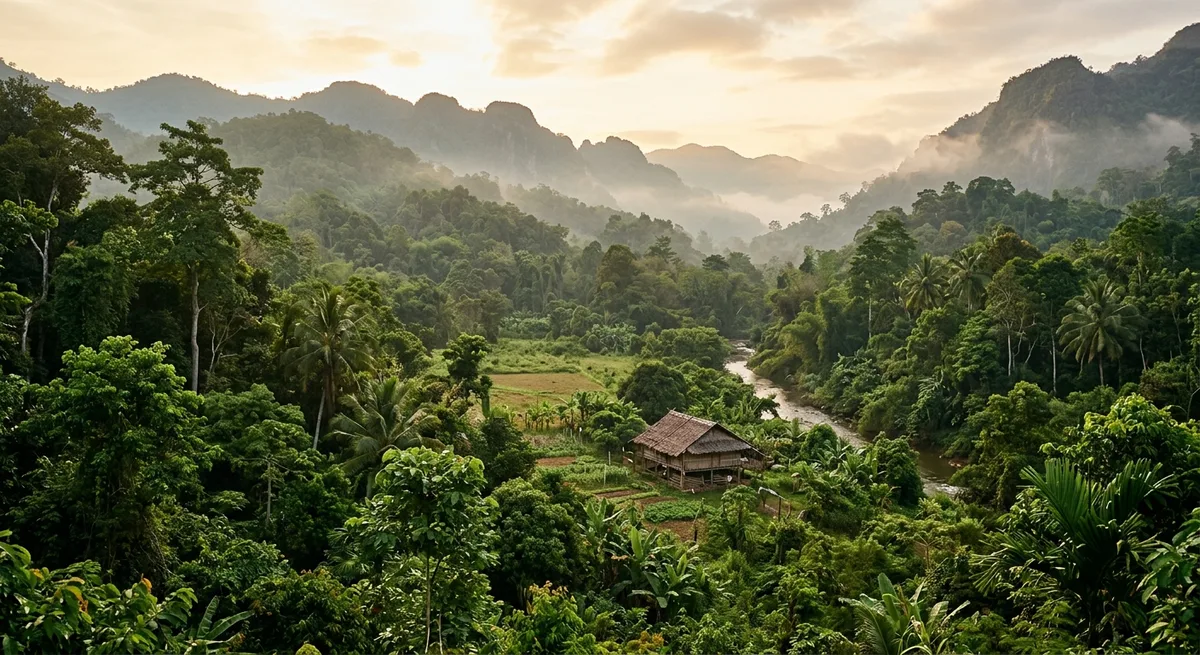 Tropische Regenwald-Landschaft in Südostasien mit dichter grüner Vegetation und Bergnebel