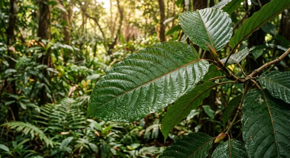 Dunkelgrüne glänzende Blätter des Kratombaums Mitragyna speciosa mit sichtbaren roten Blattadern