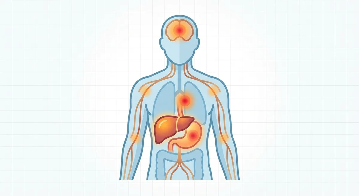 Medizinische Illustration eines menschlichen Körperumrisses mit markierten Organen die auf Risikobereiche hinweisen
