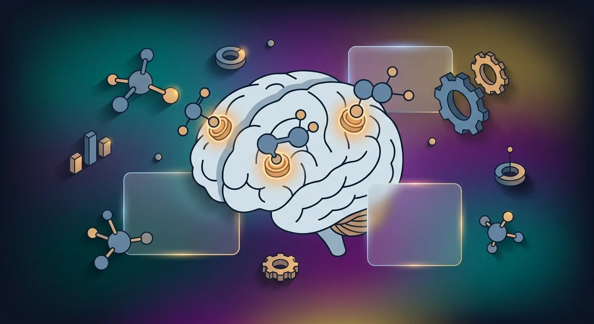 Illustration von Gehirn mit hervorgehobenen Opioid-Rezeptoren und bindenden Molekülen