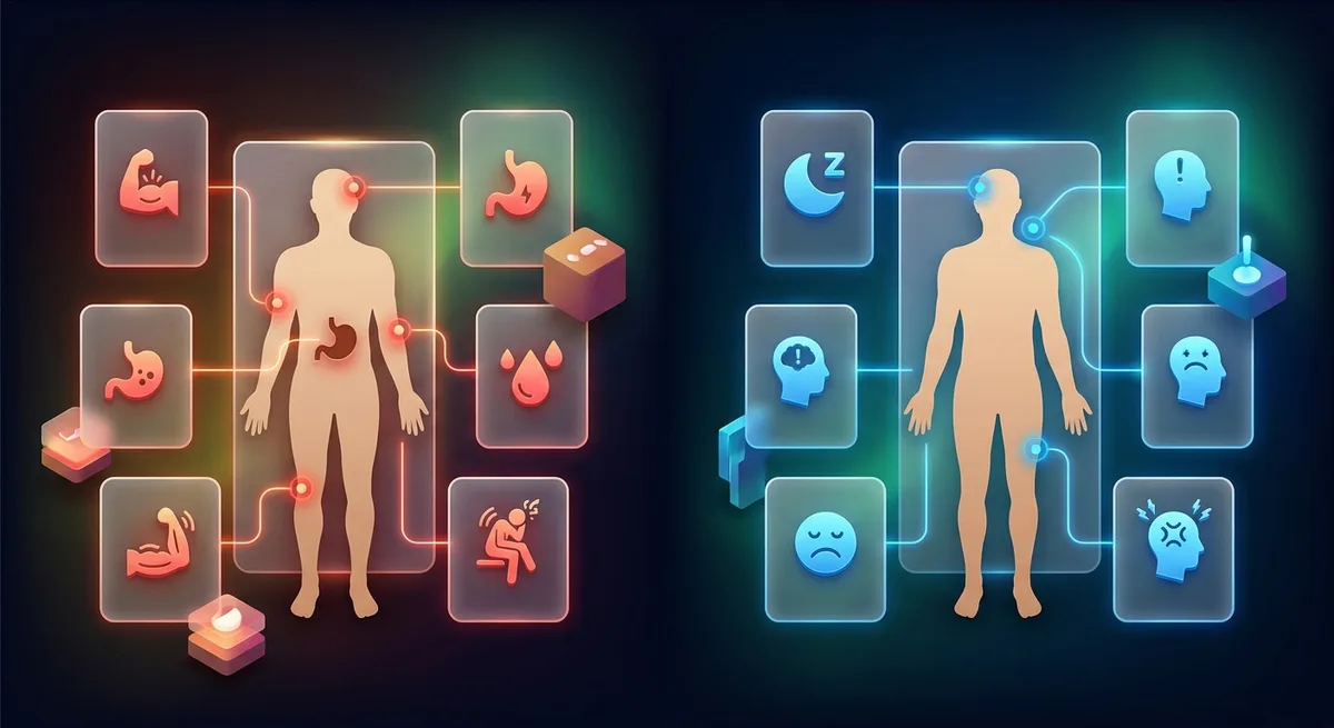 Zweigeteilte Illustration: körperliche Symptome links in Rot, psychische Symptome rechts in Blau