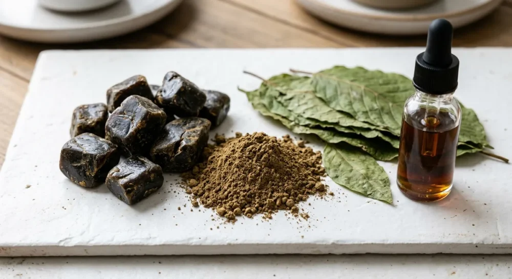 Kratom Extrakt als Harzstücke, Pulver und Tinktur neben grünen Kratom-Blättern auf weißer Fläche