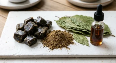 Kratom Extrakt als Harzstücke, Pulver und Tinktur neben grünen Kratom-Blättern auf weißer Fläche