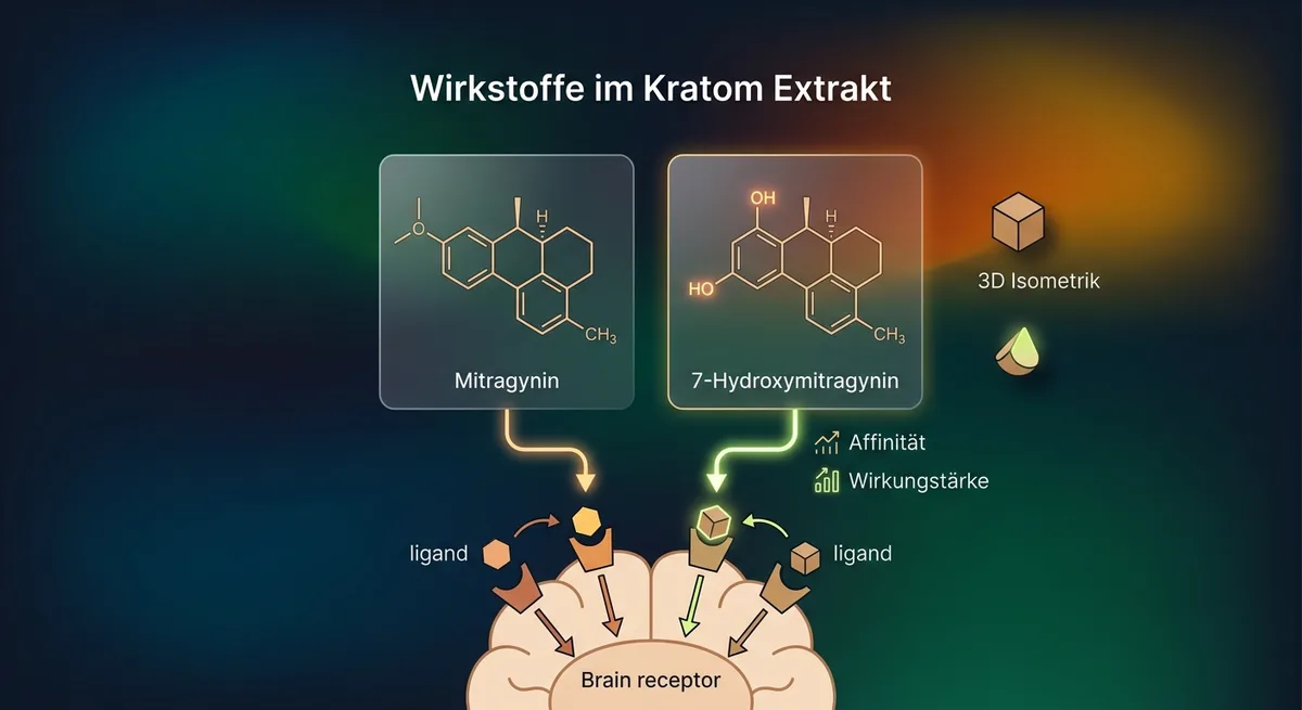 Schematische Illustration zweier Alkaloid-Molekülstrukturen mit Bindungspfeilen zu Opioid-Rezeptoren im Gehirn