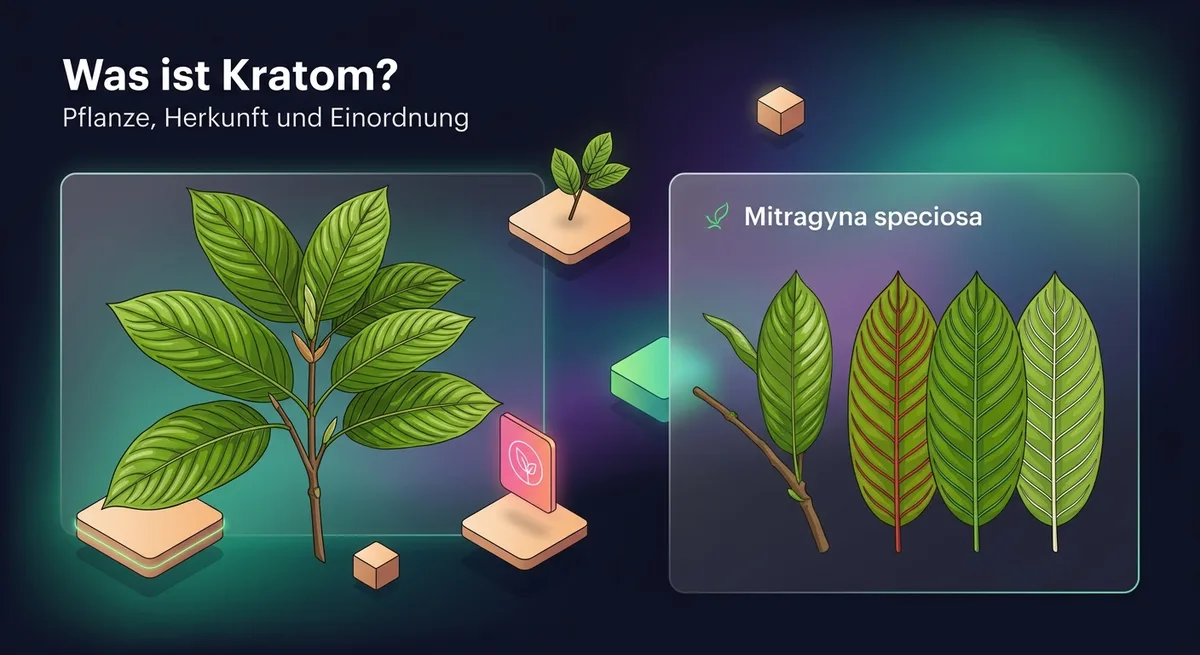 Botanische Illustration von Kratom-Blättern in Red, Green und White Vein Varianten mit sichtbarer Blattaderung