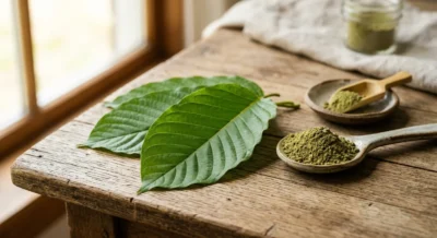 Frische Kratom-Blätter der Mitragyna speciosa Pflanze neben grünem Kratom-Pulver auf Holz