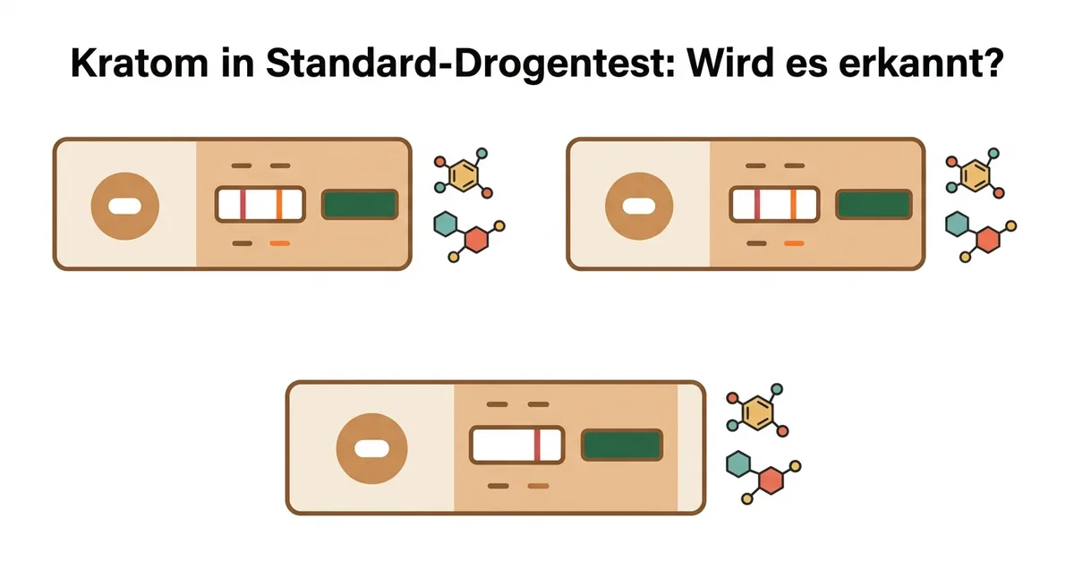 Illustration dreier Drogentest-Panels: Standard-Schnelltests zeigen kein Kratom-Signal, Spezialtest zeigt positives Ergebnis