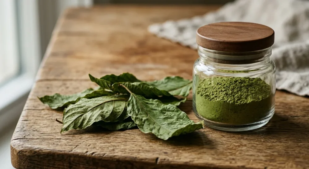 Getrocknete Kratom-Blätter und grünes Kratom-Pulver in einem Glas auf Holzoberfläche